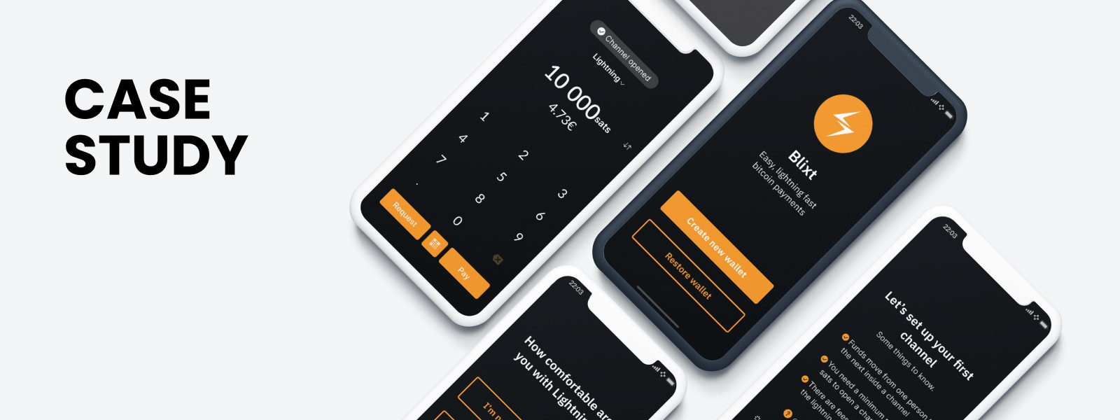 Smartphones with various Blixt wallet UI screens