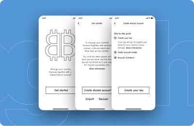 Three mobile mock-ups of a user flow for sharing wallets between multiple users